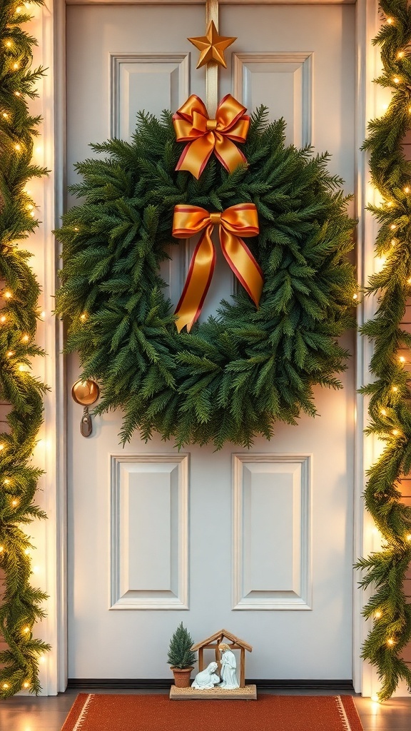 A Christmas door decorated with a wreath, lights, and a nativity scene.